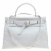 Hermes White Swift Leather Palladium Plated Kelly Flat 35 Bag For Women