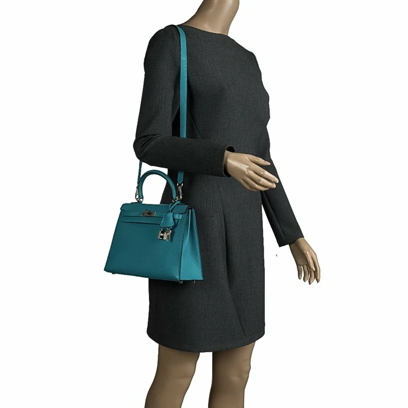 Hermes Blue Paon Chevre De Coromandel Leather Palladium Hardware Kelly Sellier 25 Bag For Women 4 Hermes Blue Paon Chevre De Coromandel Leather Palladium Hardware Kelly Sellier 25 Bag For Women - Image 2