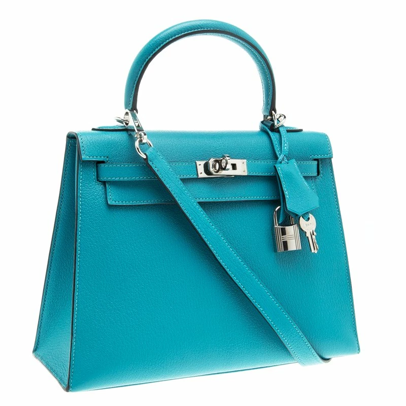 Hermes Blue Paon Chevre De Coromandel Leather Palladium Hardware Kelly Sellier 25 Bag For Women 5 Hermes Blue Paon Chevre De Coromandel Leather Palladium Hardware Kelly Sellier 25 Bag For Women - Image 3