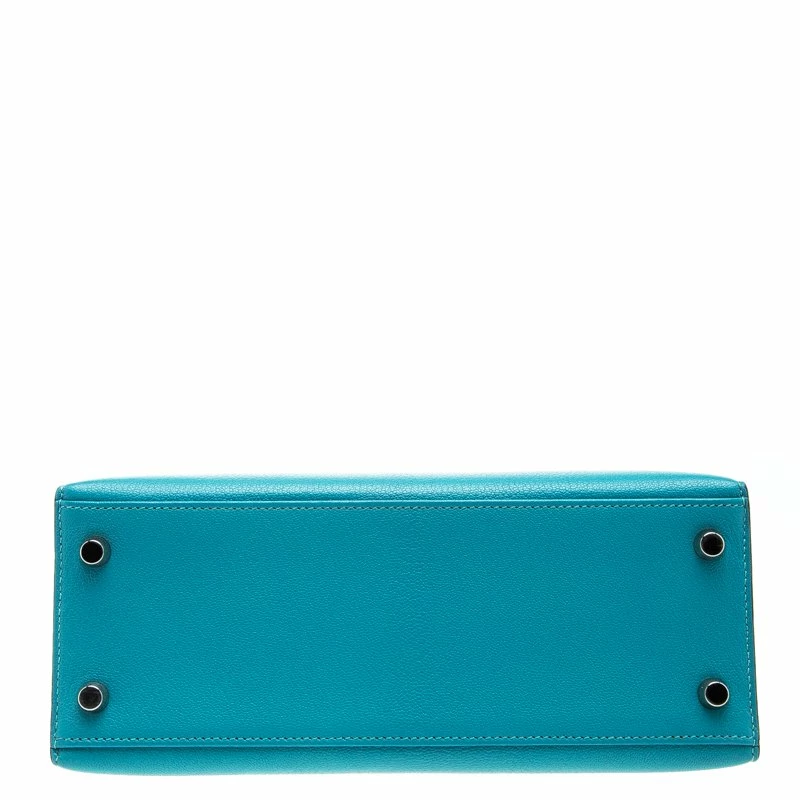 Hermes Blue Paon Chevre De Coromandel Leather Palladium Hardware Kelly Sellier 25 Bag For Women 8 Hermes Blue Paon Chevre De Coromandel Leather Palladium Hardware Kelly Sellier 25 Bag For Women - Image 6