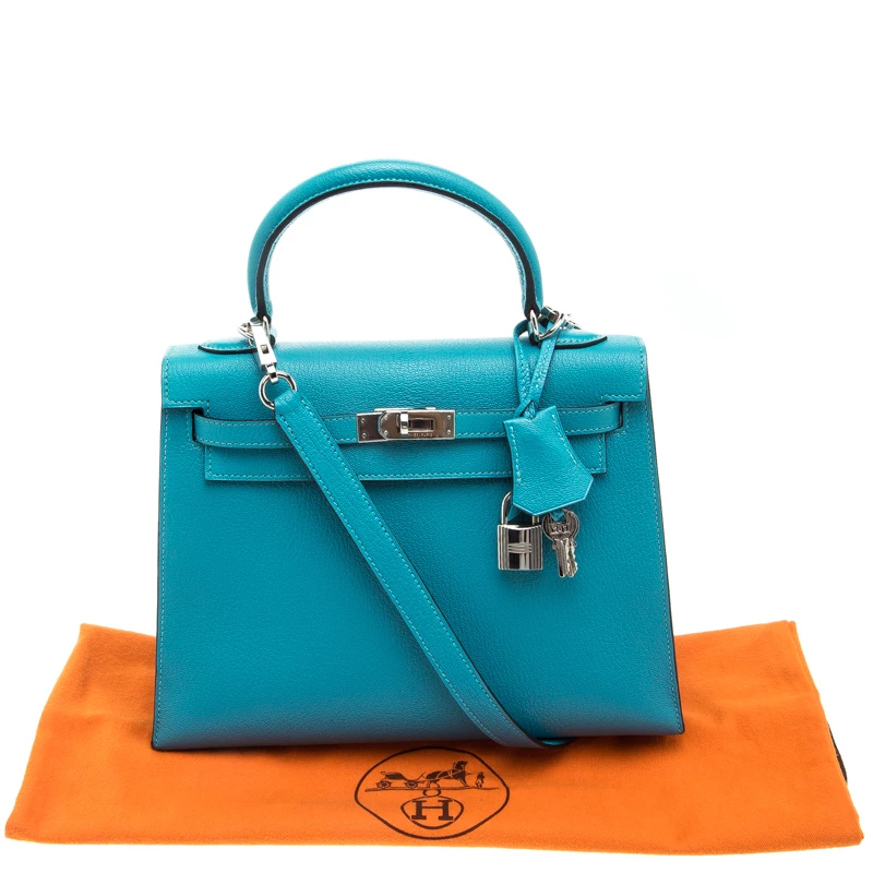 Hermes Blue Paon Chevre De Coromandel Leather Palladium Hardware Kelly Sellier 25 Bag For Women 12 Hermes Blue Paon Chevre De Coromandel Leather Palladium Hardware Kelly Sellier 25 Bag For Women - Image 10