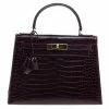 Hermes Dark Marron Crocodile Gold Hardware Kelly Sellier 28 Bag For Women