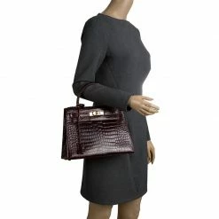 Hermes Dark Marron Crocodile Gold Hardware Kelly Sellier 28 Bag For Women -Deals Hermes Store luxury women hermes used handbags p98264 002