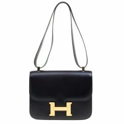 Hermes Black Box Calf Leather Gold Hardware Constance 23 Bag For Women