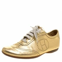Hermes Gold Metallic Leather Pewter Perforated H Lace Up Sneakers Size 38 For Women