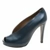 Hermes Blue Leather Peep Toe Platform Pumps Size 37.5 For Women