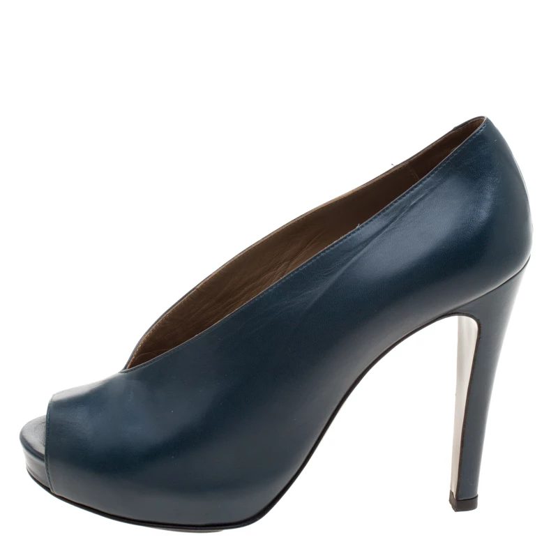 Hermes Blue Leather Peep Toe Platform Pumps Size 37.5 For Women 4 Hermes Blue Leather Peep Toe Platform Pumps Size 37.5 For Women - Image 2