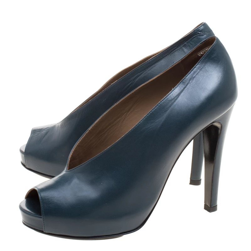 Hermes Blue Leather Peep Toe Platform Pumps Size 37.5 For Women 6 Hermes Blue Leather Peep Toe Platform Pumps Size 37.5 For Women - Image 4