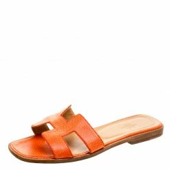 Hermes Orange Lizard Leather Oran Box Sandals Size 38 For Women