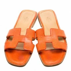 Hermes Orange Lizard Leather Oran Box Sandals Size 38 For Women -Deals Hermes Store luxury women hermes used shoes p119332 003
