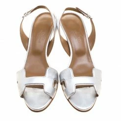 Hermes Metallic Silver Leather Night Slingback Sandals Size 36 For Women -Deals Hermes Store luxury women hermes used shoes p125939 003