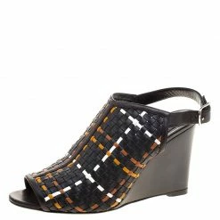 Hermes Tricolor Woven Leather Peep Toe Wedge Sandals Size 39 For Women