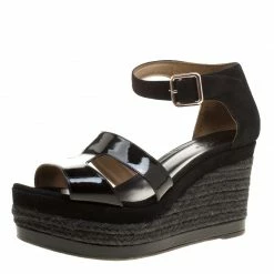 Hermes Black Suede And Patent Leather Ilana Espadrille Wedges Sandals Size 39 For Women