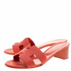 Hermes Orange Leather Oasis Slides Size 38.5 For Women -Deals Hermes Store luxury women hermes used shoes p136143 004
