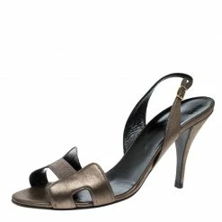 Hermes Metallic Bronze Suede Night Slingback Sandals Size 40 For Women