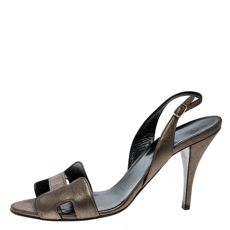 Hermes Metallic Bronze Suede Night Slingback Sandals Size 40 For Women 4 Hermes Metallic Bronze Suede Night Slingback Sandals Size 40 For Women - Image 2