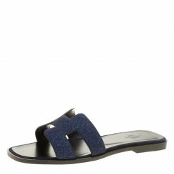 Hermes Blue Crystal Embellished Leather Oran Sandals Size 38 For Women