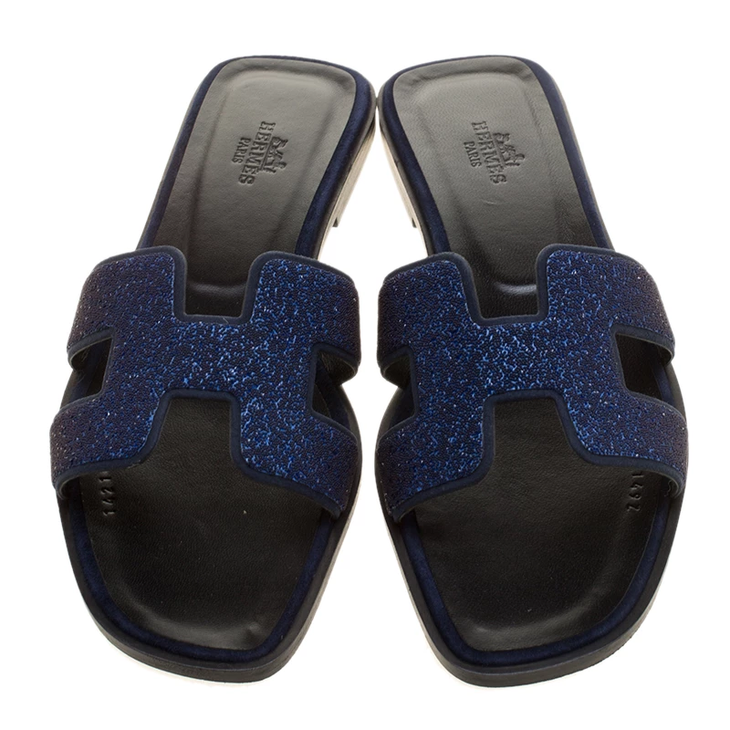 Hermes Blue Crystal Embellished Leather Oran Sandals Size 38 For Women 5 Hermes Blue Crystal Embellished Leather Oran Sandals Size 38 For Women - Image 3