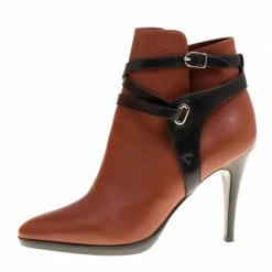 Hermes Brown/Black Leather Cross Strap Pointed Toe Ankle Boots Size 37.5 For Women -Deals Hermes Store luxury women hermes used shoes p146772 0002