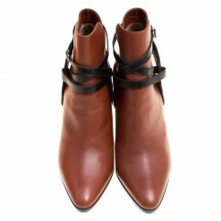 Hermes Brown/Black Leather Cross Strap Pointed Toe Ankle Boots Size 37.5 For Women -Deals Hermes Store luxury women hermes used shoes p146772 0003