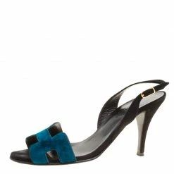 Hermes Blue/Black Velvet And Suede Night Slingback Sandals Size 36.5 For Women -Deals Hermes Store luxury women hermes used shoes p157030 0002