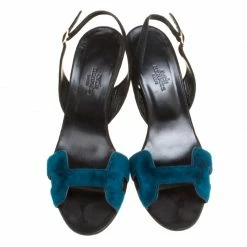 Hermes Blue/Black Velvet And Suede Night Slingback Sandals Size 36.5 For Women -Deals Hermes Store luxury women hermes used shoes p157030 0003