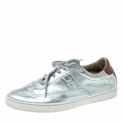 Hermes Metallic Silver Leather Quicker Sneakers Size 40 For Women