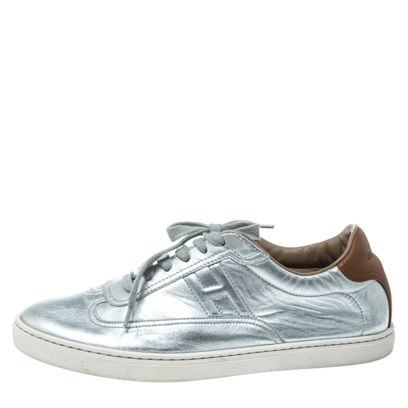 Hermes Metallic Silver Leather Quicker Sneakers Size 40 For Women 4 Hermes Metallic Silver Leather Quicker Sneakers Size 40 For Women - Image 2
