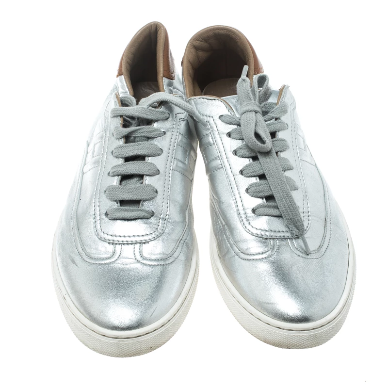 Hermes Metallic Silver Leather Quicker Sneakers Size 40 For Women 5 Hermes Metallic Silver Leather Quicker Sneakers Size 40 For Women - Image 3