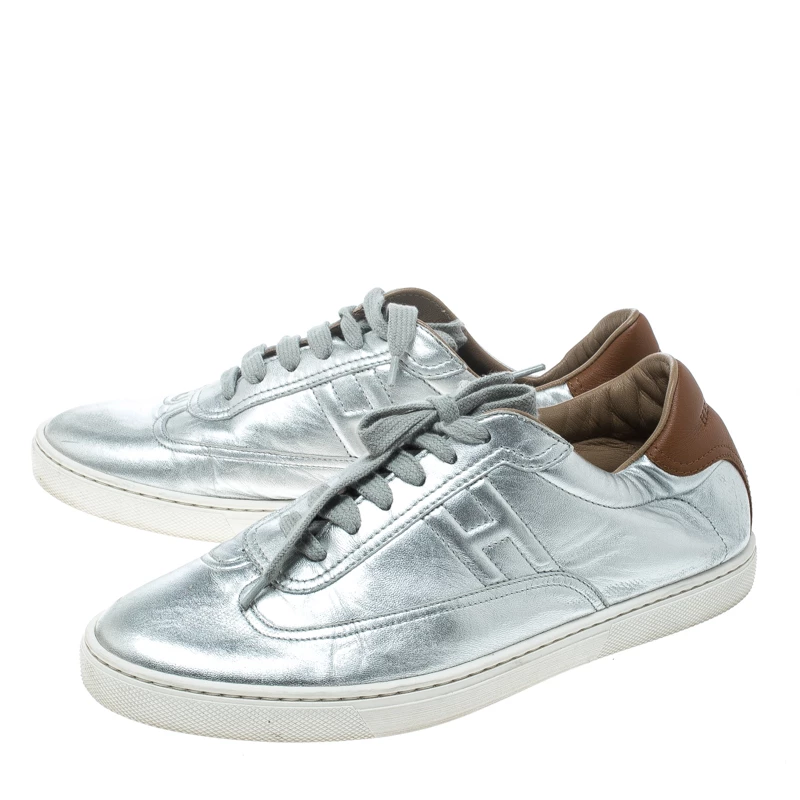 Hermes Metallic Silver Leather Quicker Sneakers Size 40 For Women 6 Hermes Metallic Silver Leather Quicker Sneakers Size 40 For Women - Image 4