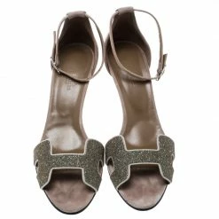 Hermes Beige Suede Night Crystal Powder Ankle Strap Sandals Size 40 For Women -Deals Hermes Store luxury women hermes used shoes p166539 006