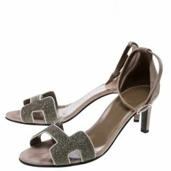 Hermes Beige Suede Night Crystal Powder Ankle Strap Sandals Size 40 For Women -Deals Hermes Store luxury women hermes used shoes p166539 007
