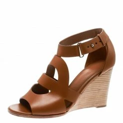 Hermes Brown Leather Merryl Wedge Sandals Size 38 For Women