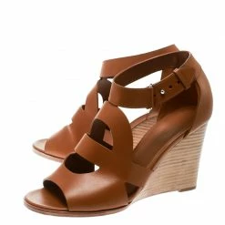 Hermes Brown Leather Merryl Wedge Sandals Size 38 For Women -Deals Hermes Store luxury women hermes used shoes p176792 007