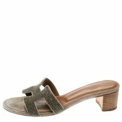 Hermes Gold Glitter Leather Oasis Slide Sandals Size 37 For Women -Deals Hermes Store luxury women hermes used shoes p180717 004