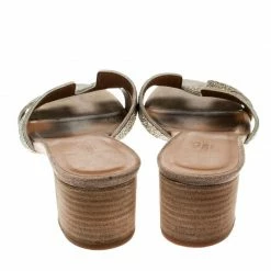 Hermes Gold Glitter Leather Oasis Slide Sandals Size 37 For Women -Deals Hermes Store luxury women hermes used shoes p180717 005