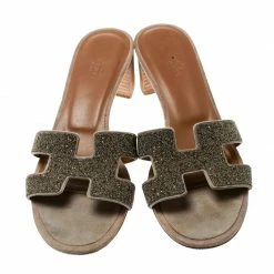 Hermes Gold Glitter Leather Oasis Slide Sandals Size 37 For Women -Deals Hermes Store luxury women hermes used shoes p180717 006