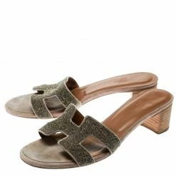 Hermes Gold Glitter Leather Oasis Slide Sandals Size 37 For Women -Deals Hermes Store luxury women hermes used shoes p180717 007
