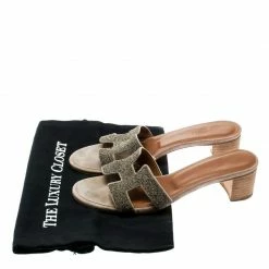 Hermes Gold Glitter Leather Oasis Slide Sandals Size 37 For Women -Deals Hermes Store luxury women hermes used shoes p180717 008