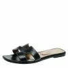 Hermes Black Leather Oran Flat Sandals Size 39.5 For Women