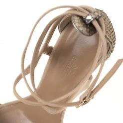 Hermes Metallic Beige Python Leather And Suede Cross Ankle Wrap Sandals Size 38 For Women -Deals Hermes Store luxury women hermes used shoes p182341 004