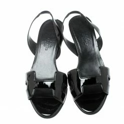 Hermes Black Patent Leather Ottomane Slingback Sandals Size 37 For Women -Deals Hermes Store luxury women hermes used shoes p194925 003