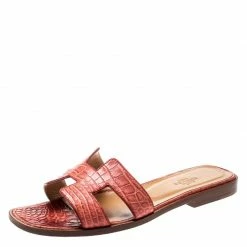 Hermes Pink Croc Leather Oran Flat Sandals Size 37 For Women