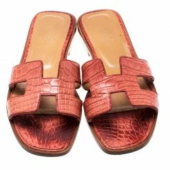 Hermes Pink Croc Leather Oran Flat Sandals Size 37 For Women -Deals Hermes Store luxury women hermes used shoes p195767 006