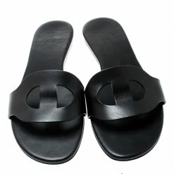 Hermes Black Leather Lisboa Flat Slides Size 38 For Women -Deals Hermes Store luxury women hermes used shoes p195769 006