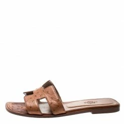 Hermes Brown Ostrich Leather Oran Sandals Size 37 For Women -Deals Hermes Store luxury women hermes used shoes p195772 004