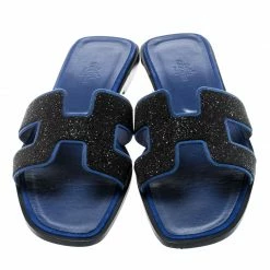Hermes Blue/Black Crystal Embellished Suede Oran Sandals Size 39 For Women -Deals Hermes Store luxury women hermes used shoes p196914 003