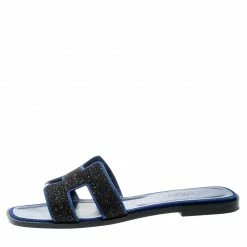 Hermes Blue/Black Crystal Embellished Suede Oran Sandals Size 39 For Women -Deals Hermes Store luxury women hermes used shoes p196914 006
