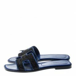 Hermes Blue/Black Crystal Embellished Suede Oran Sandals Size 39 For Women -Deals Hermes Store luxury women hermes used shoes p196914 007