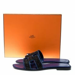 Hermes Blue/Black Crystal Embellished Suede Oran Sandals Size 39 For Women -Deals Hermes Store luxury women hermes used shoes p196914 008